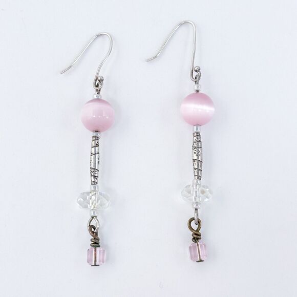 Vintage Silver-Tone Pink Beaded Dangle Earrings - Picture 4 of 5